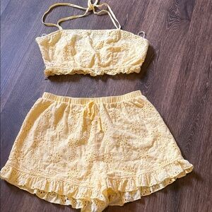 SHEIN Pale Yellow Eyelet Crop Top & Shorts Set